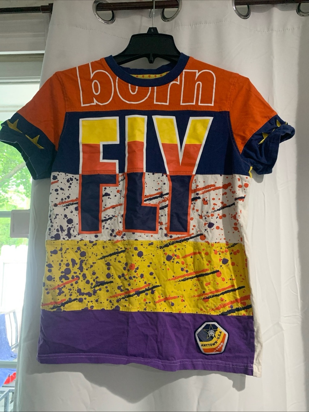 Men’s 'Born FLY' Colorblock Graphic Tee - Orange, Blue, Yellow, Purple Y2K